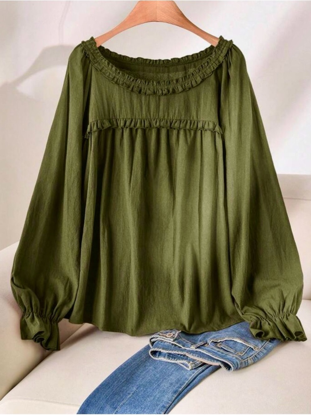 SHEIN Olive Green Ruffle Yoke Peasant Blouse
